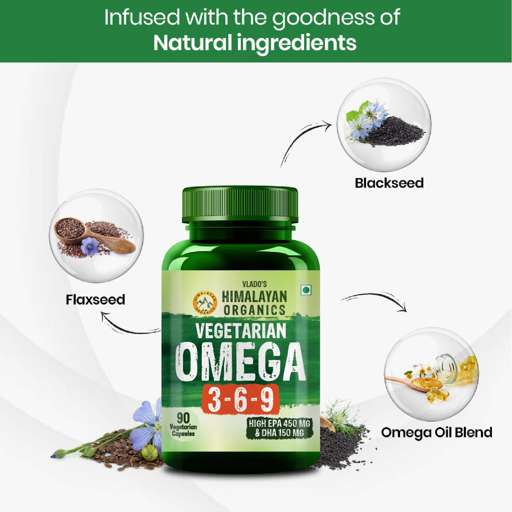 Vlado's Himalayan Organics Omega 3 6 9-2000mg/Serving I Vegetarian Omega 3 I Source from Flax Seed I Support Muscle,Bone,Heart & Skin - No Fish Burps Oil Used Capsules for Men & Women- 90 Capsules