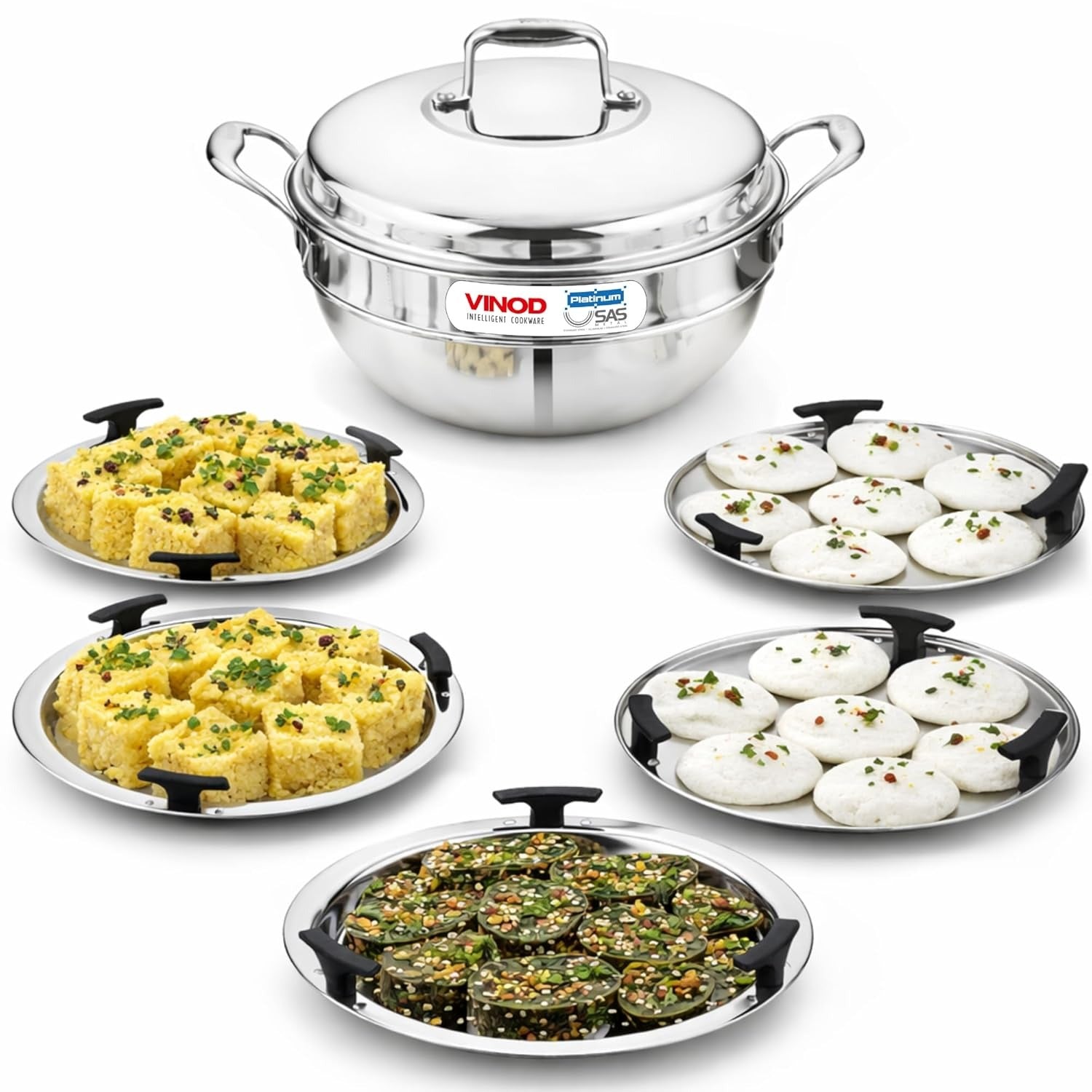 Vinod Platinum Triply Stainless Steel Multipurpose Kadai 26cm 5 Plates 4L Idli Steamer