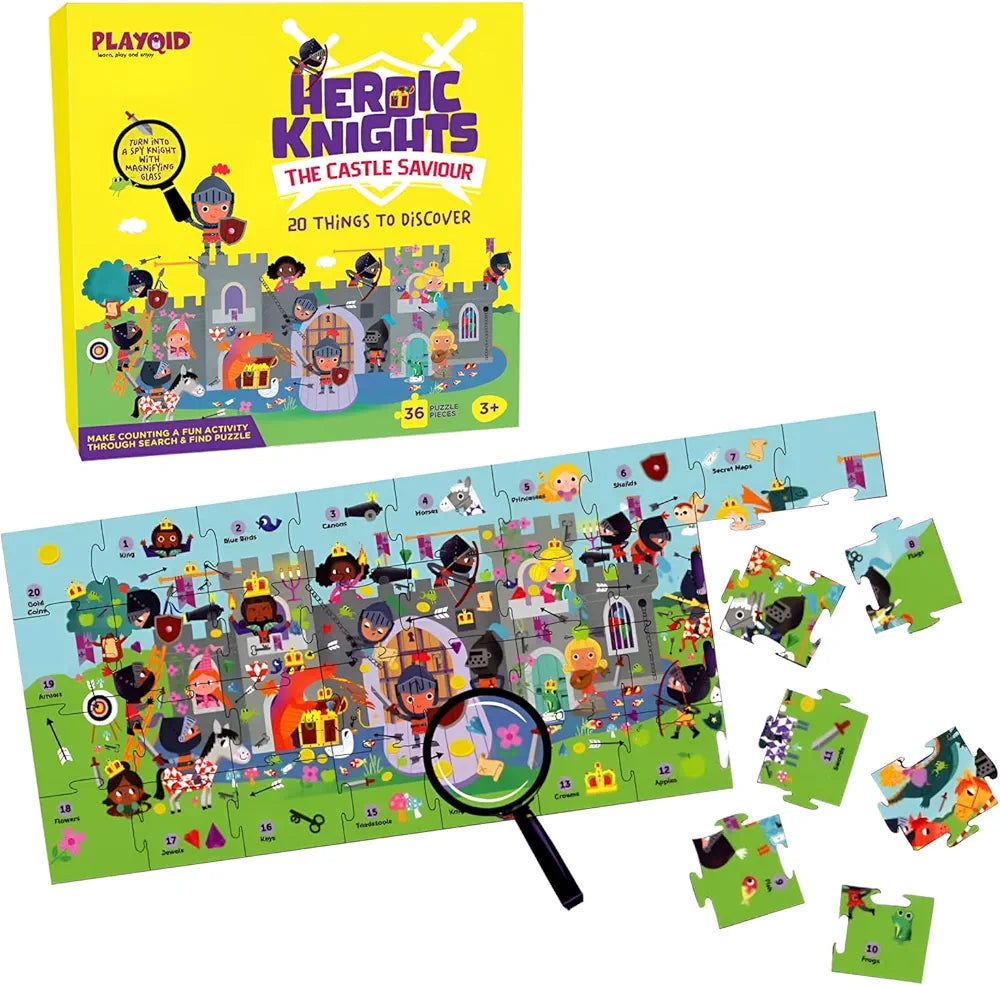 Playqid Learn to Count Numbers 1-20 Knights & Dragons Jigsaw Floor Puzzle for Kids Age 2-5 Years Fairytale Princess Castle Hidden Pictures