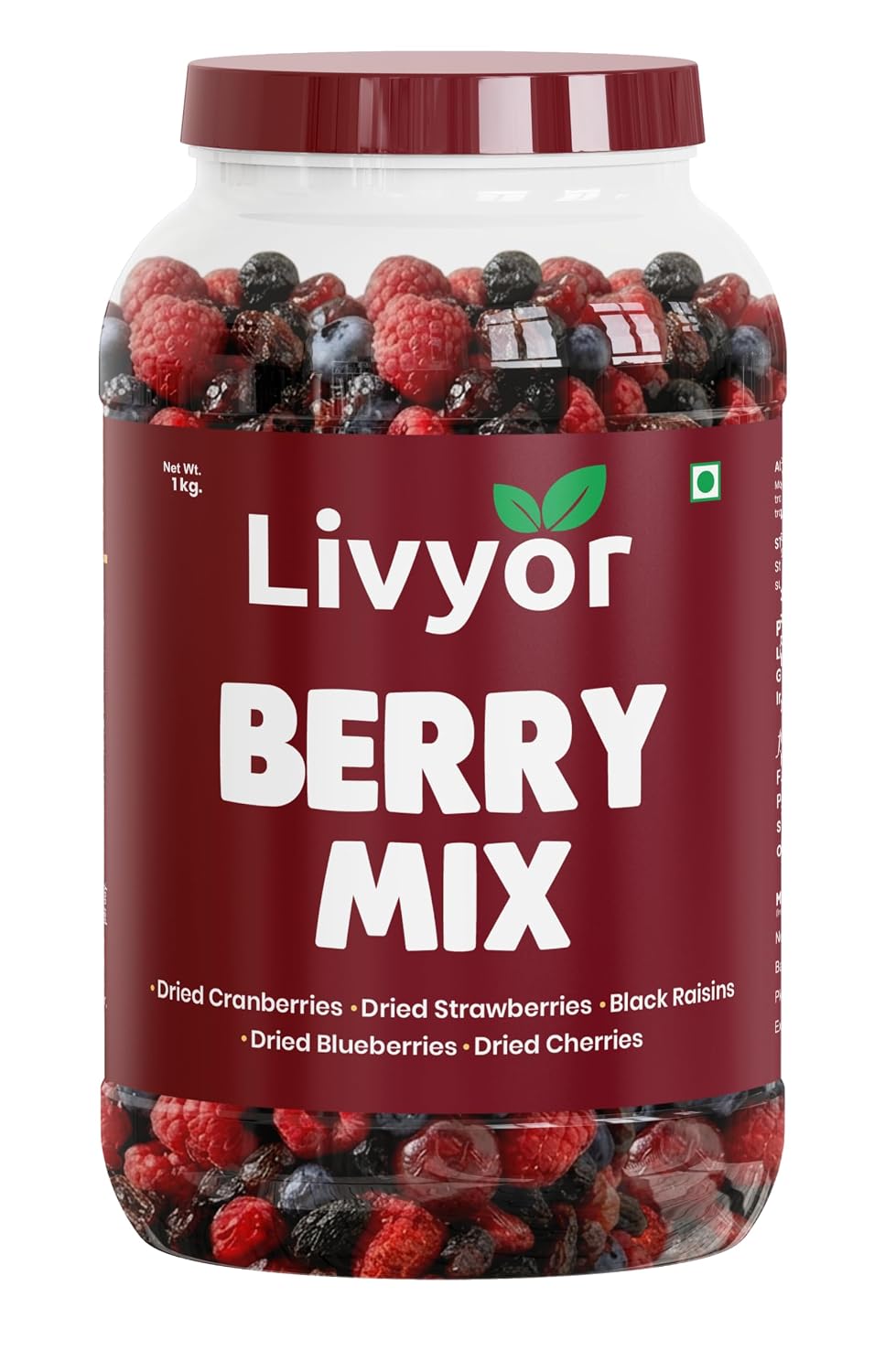 Livyor 5 in 1 Berry Mix for eating - 1kg | Good Source of Fibre | Dried Cranberries | Black Raisins | Cherries | Blueberries | Strawberries | Berry Blast | Berries dry fruits | Berries fresh | Pack of 1