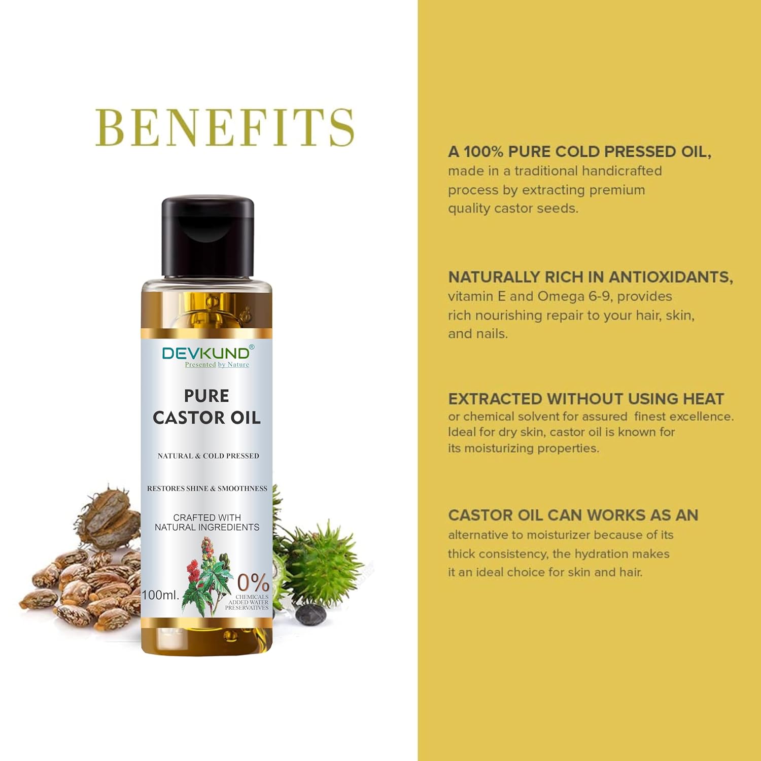 DEVKUND PRESENTED BY NATURE Castor Oil (Arandi Oil) - Premium Cold Pressed for Hair & Skin Care - 100mlCastor Oil (Arandi Oil) - Premium Cold Pressed for Hair & Skin Care - 100ml