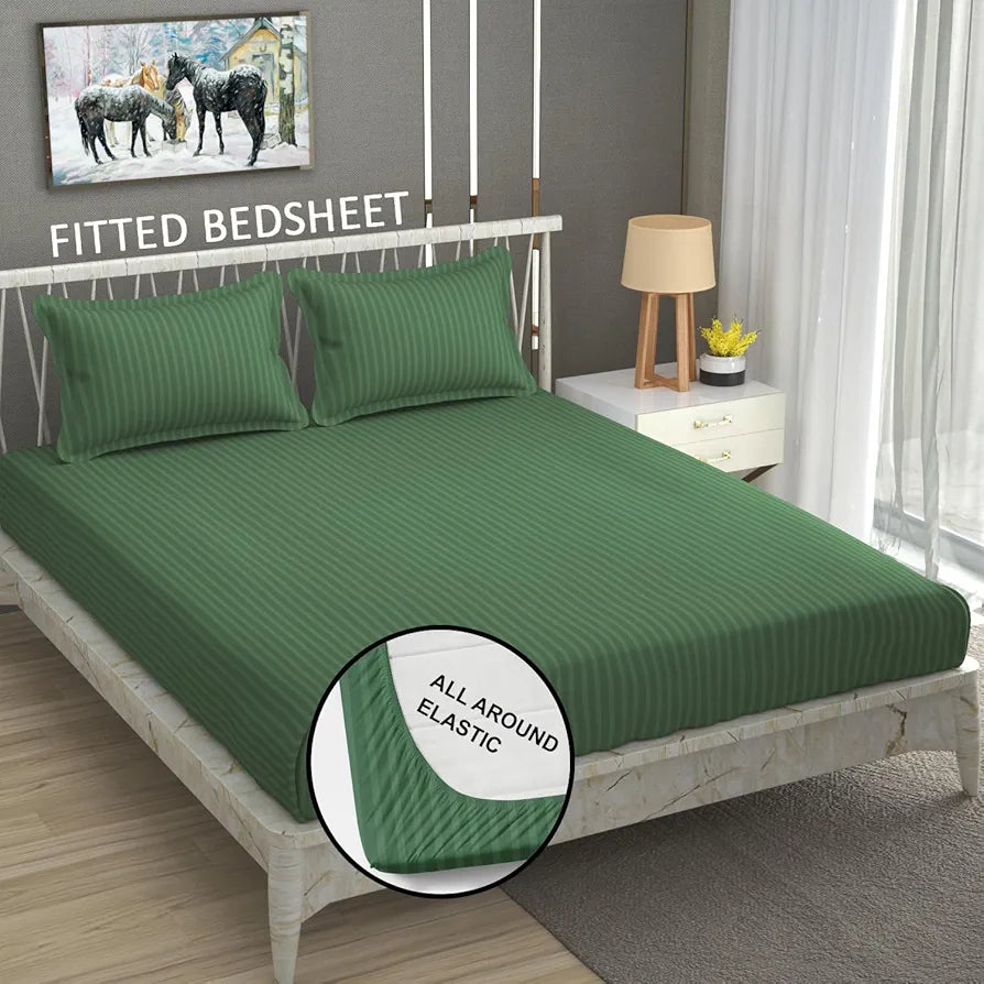 Homefab India 160 TC Stripe Cotton Feel Glace Cotton Elastic Fitted King Size Double Bed Bedsheet with 2 Pillow Covers Fits Upto 6 inches Mattress Dark Green