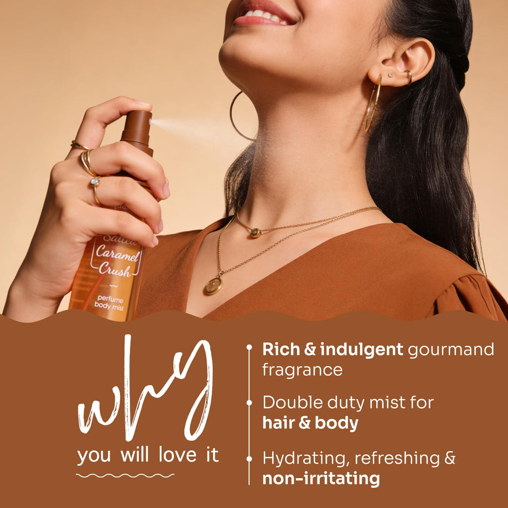 Aqualogica Refresh+ Perfume Body Mist - Salted Caramel Crush | Mouthwatering Gourmand Scent | Long Lasting Fragrance | Double Duty for Hair & Body | Non-Irritating & Hydrating | Infused with Zemea & Hyaluronic Acid | For Men & Women | 150 ml