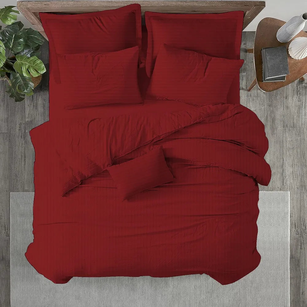Trance Home Linen Zippered 100% Cotton 200 TC Satin Stripe Queen Duvet Cover Quilt Cover with 2 Pillow Covers Colour Maroon