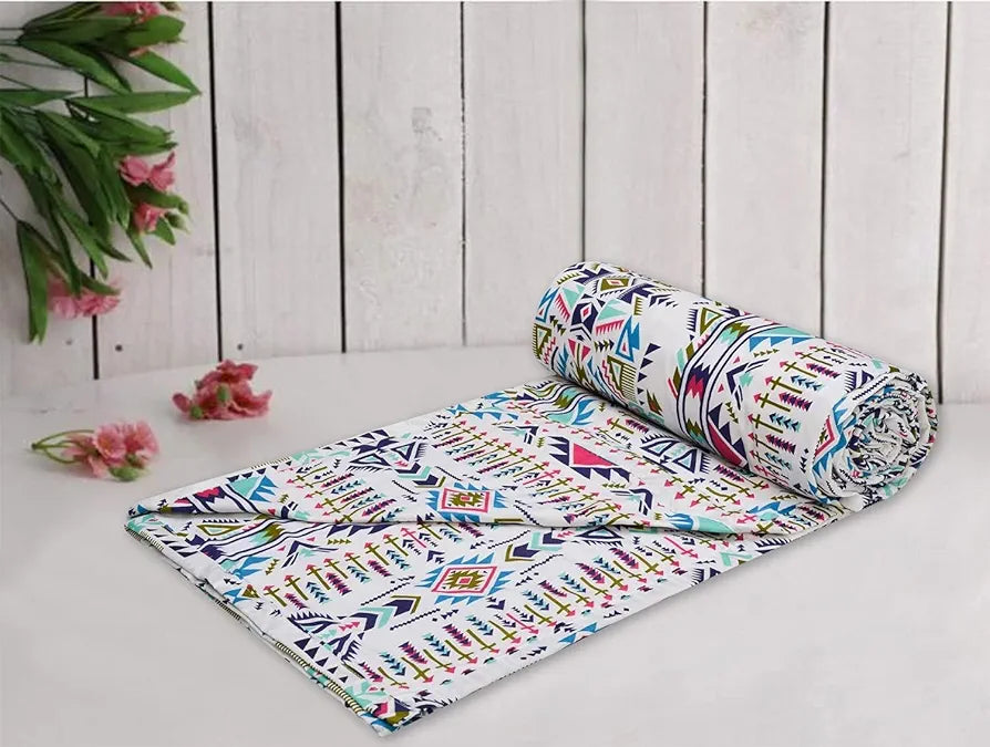 Trance Home Linen 150 GSM Pure Cotton Reversible Dohar Double Bed Size AC Blanket Comforter Soft Light-Weight Bed Blanket Colour Azetic Sea Blue