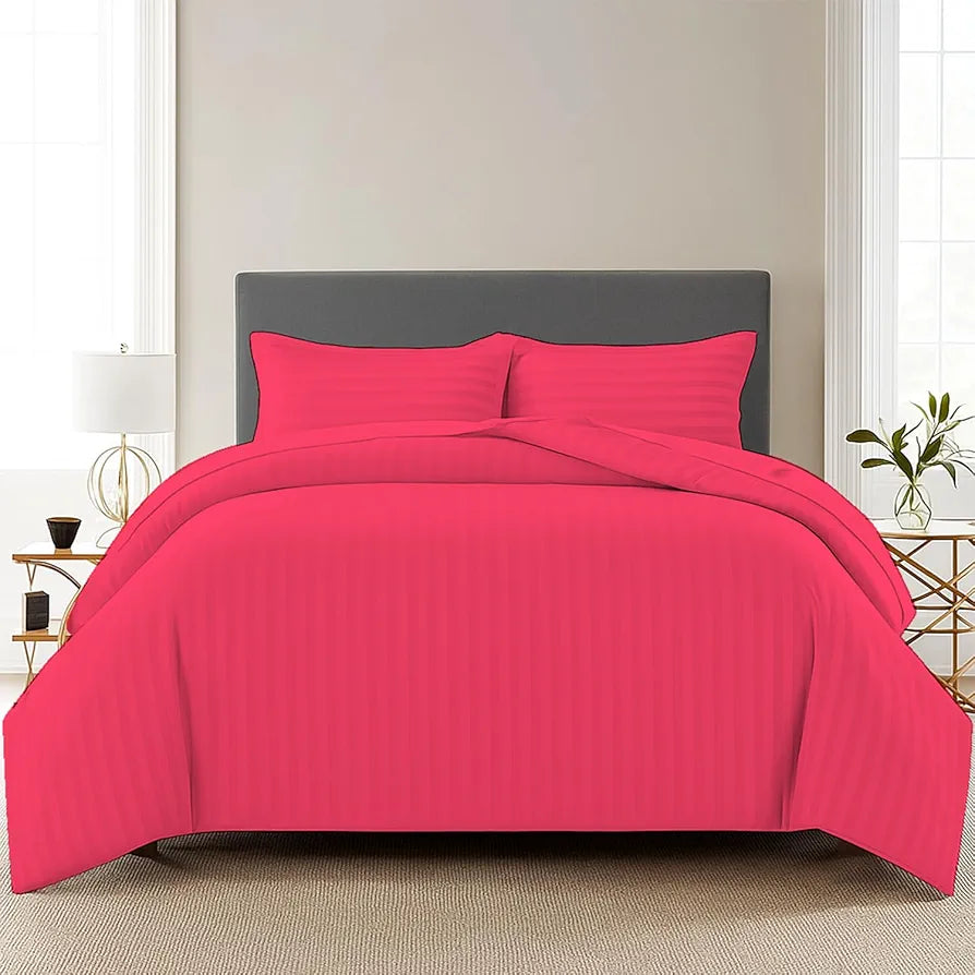 Trance Home Linen Zippered 100% Cotton 200TC Satin Stripe King Size Duvet Cover Quilt Cover Blanket Cover Razai Comforter Cover with 2 Pillow Covers Colour Dark Pink