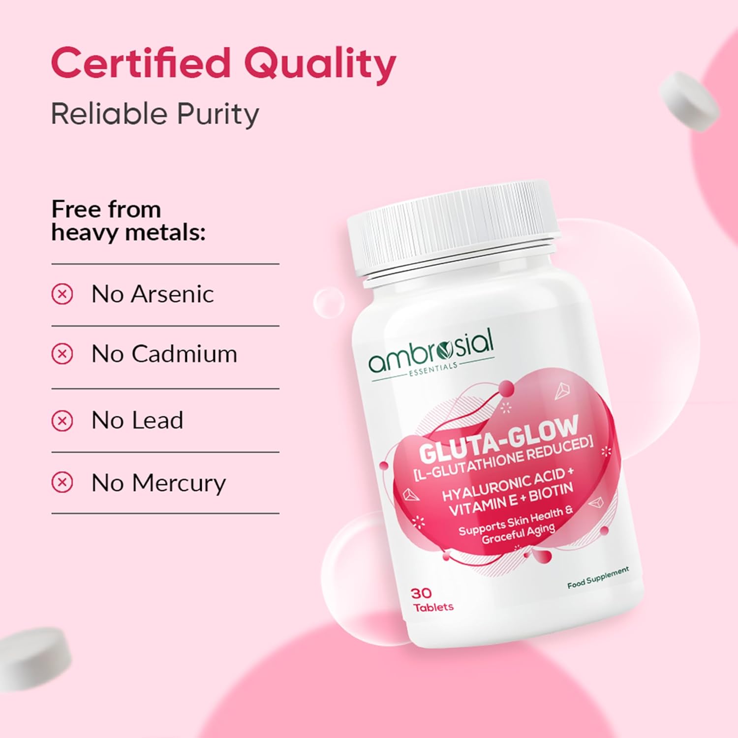 Ambrosial Gluta-Glow L-Glutathione 500mg Tablets with Vitamin C, Vitamin E, Hyaluronic Acid, Lycopene & Biotin â€“ Japanese L Glutathione Supplement â€“ 30 Vegan Tablets