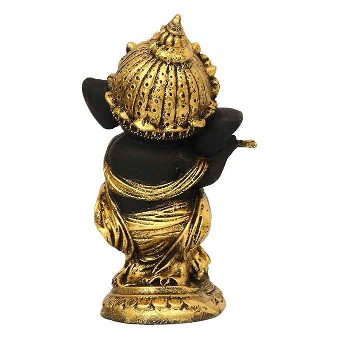 Ecraftindia Golden and Black Polyresin Lord Ganesha Idol Playing Flute Musical Instrument Decorative Showpiece