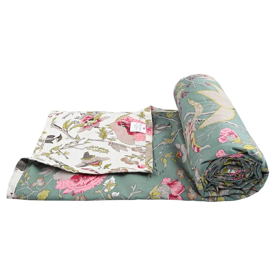 Trance Home Linen 100% Cotton Reversible Dohar Double Bed Size Jaipuri Printed Artisan Block Design Blanket Soft Lightweight Colour Calicut Green