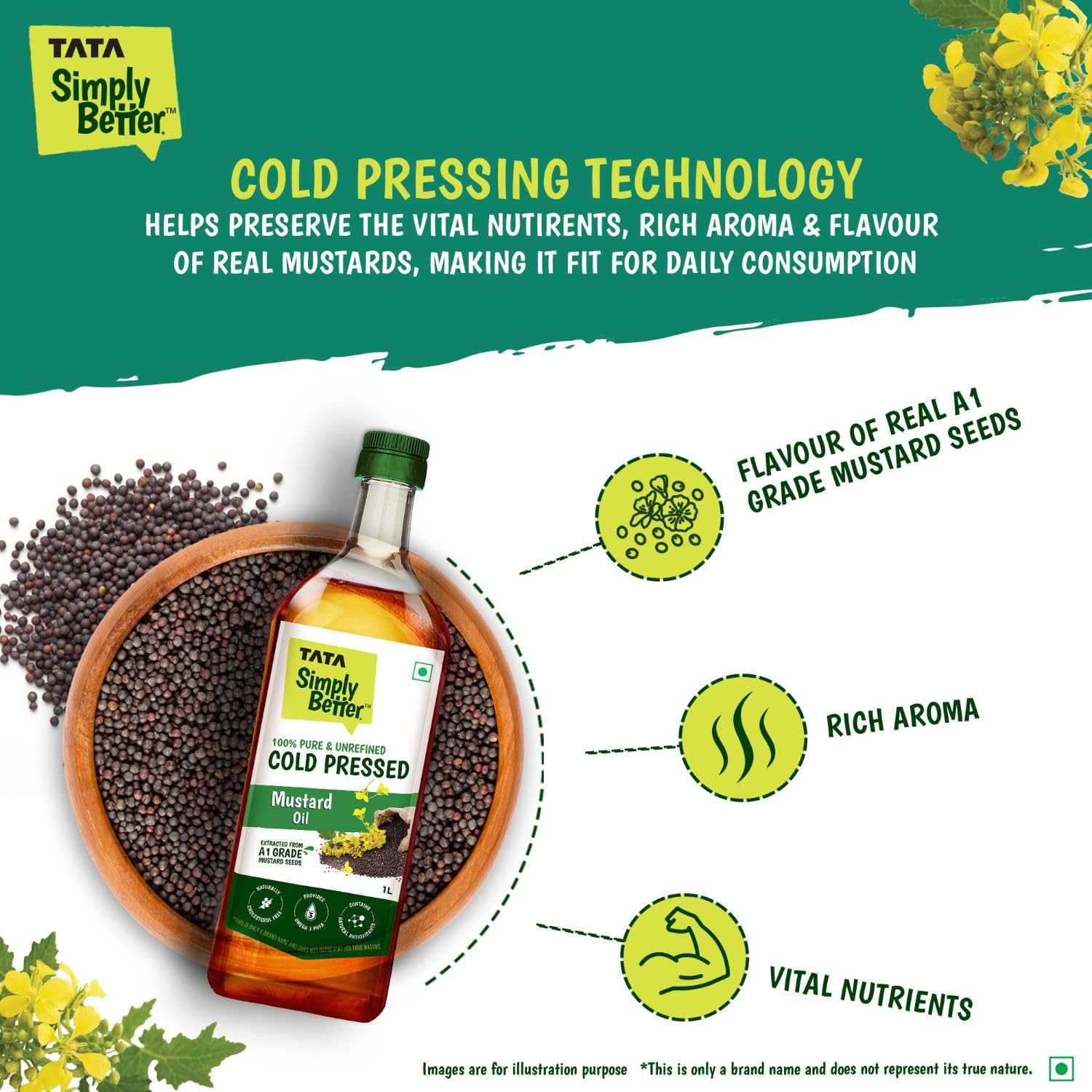 Tata Simply Better Pure & Unrefined Cold Pressed Mustard Oil,Naturally Cholesterol Free, 1L, Rich Aroma & Flavour of Real Mustard Seeds, A1 Grade Mustard Seeds