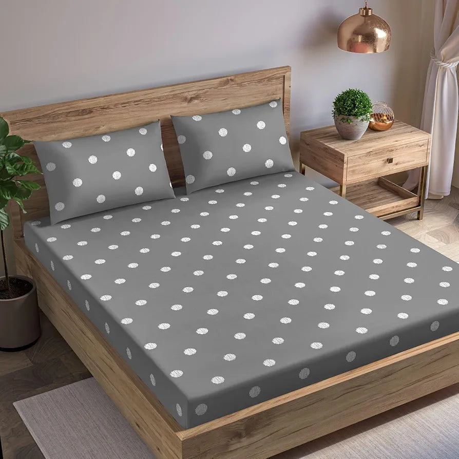 Trance Home Linen 300Tc 100% Cotton 72"X60" Double Bed Size Elastic Fitted Bedsheet Printed With 2 Pillow Covers 300 tc Colour Grey White Circles