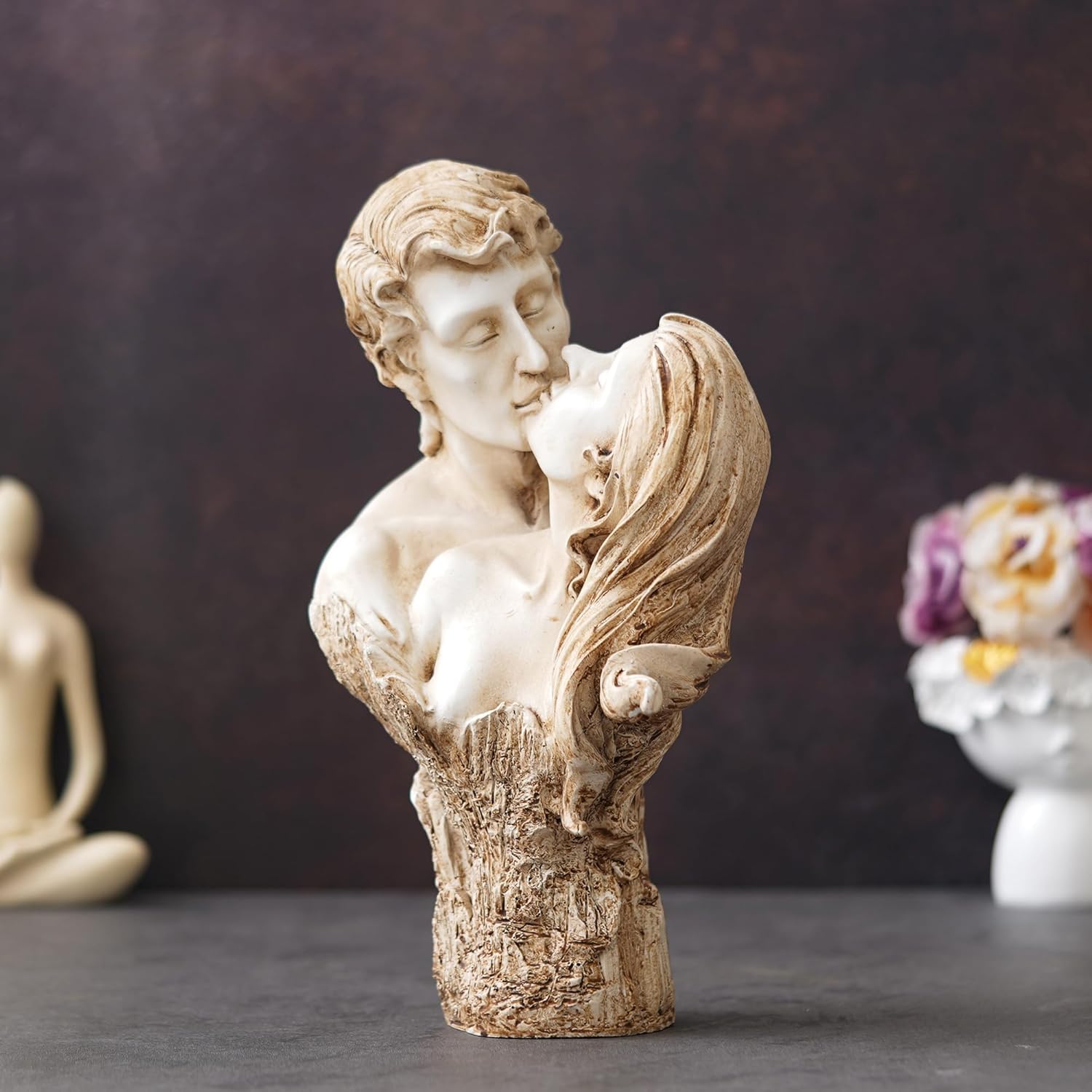 Ecraftindia White Brown Polyresin Man and Woman Kissing Statue, Romantic Kissing Couple Figurine | Elegant Home Decor