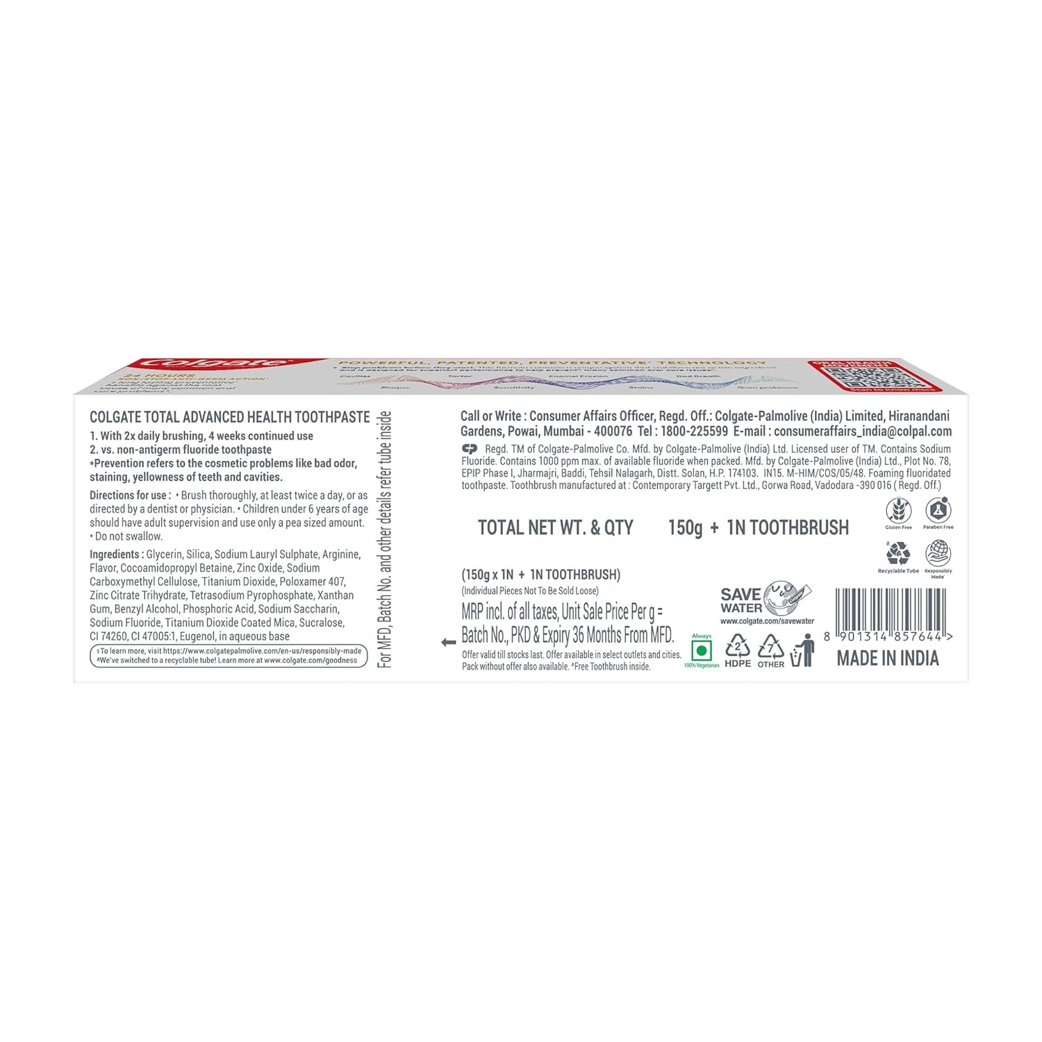 Colgate Total 150 Grams Advanced Health Antibacterial Toothpaste With 12-Hour Anti-Germ Protection & Enamel Protection for Whole Mouth Health, World'S No.1* Germ-Fighting