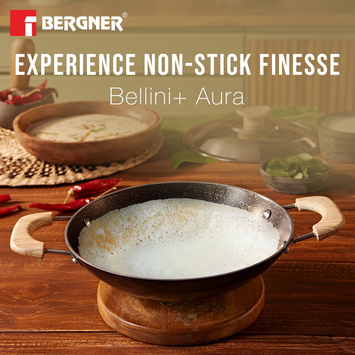 Bergner Bellini Plus Aura 5-layer Non-stick 20 Cm Appachetty With Stainless Steel Lid, Wooden Finish Soft Touch Handle