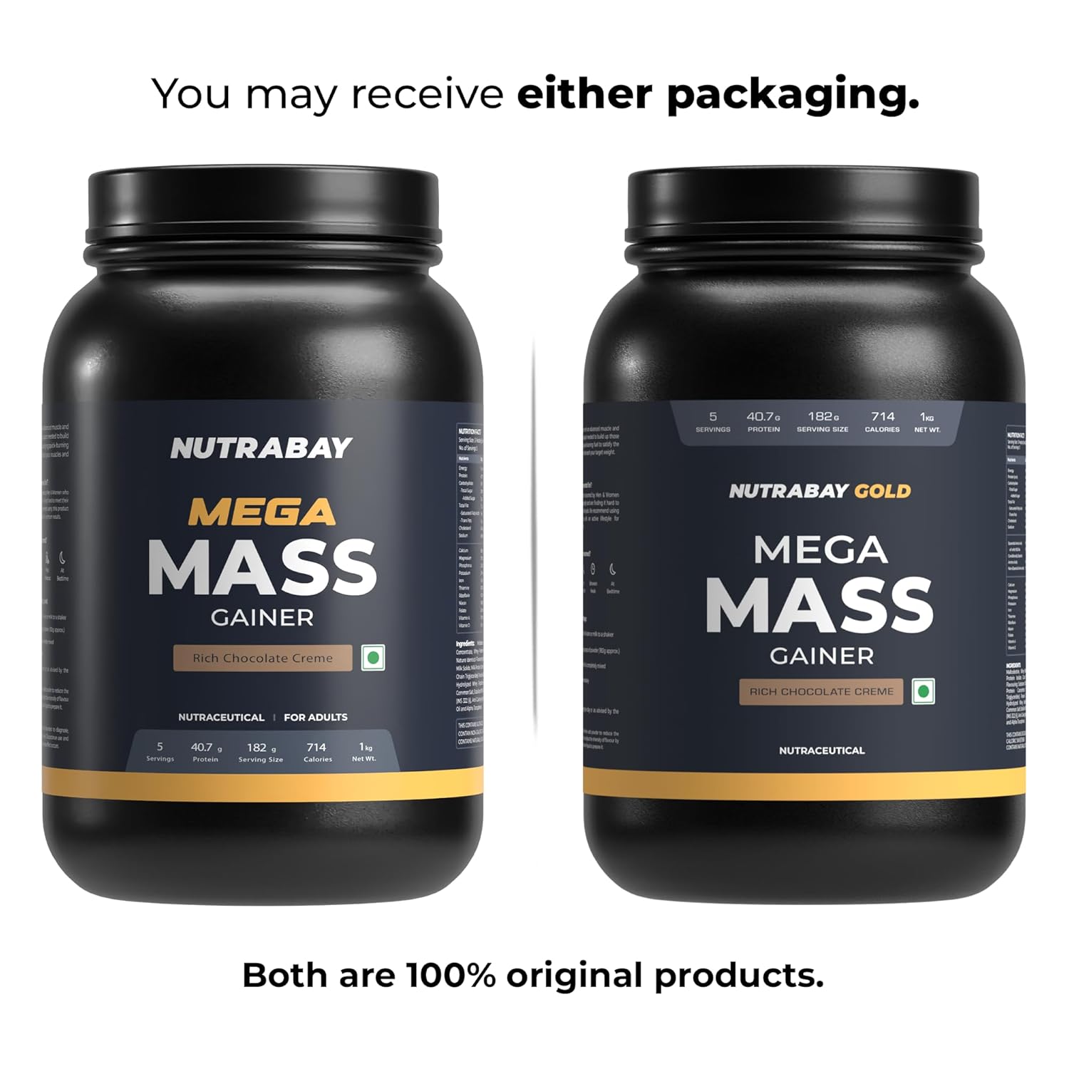 Nutrabay Gold Mega Mass Gainer Powder - 1kg, Rich Chocolate Creme | 100% Veg | 40.7g Protein, 122g Carbs, 714 Calories | Muscle Building & Weight Gainer Supplement for Men & Women