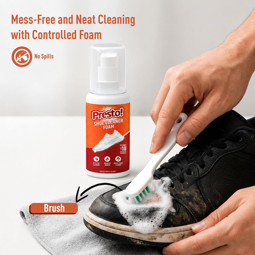 Amazon Brand - Presto! Sports Shoe Cleaner With Brush 150 ml | Removes Tough Stains | No Water Required | Ready To Use