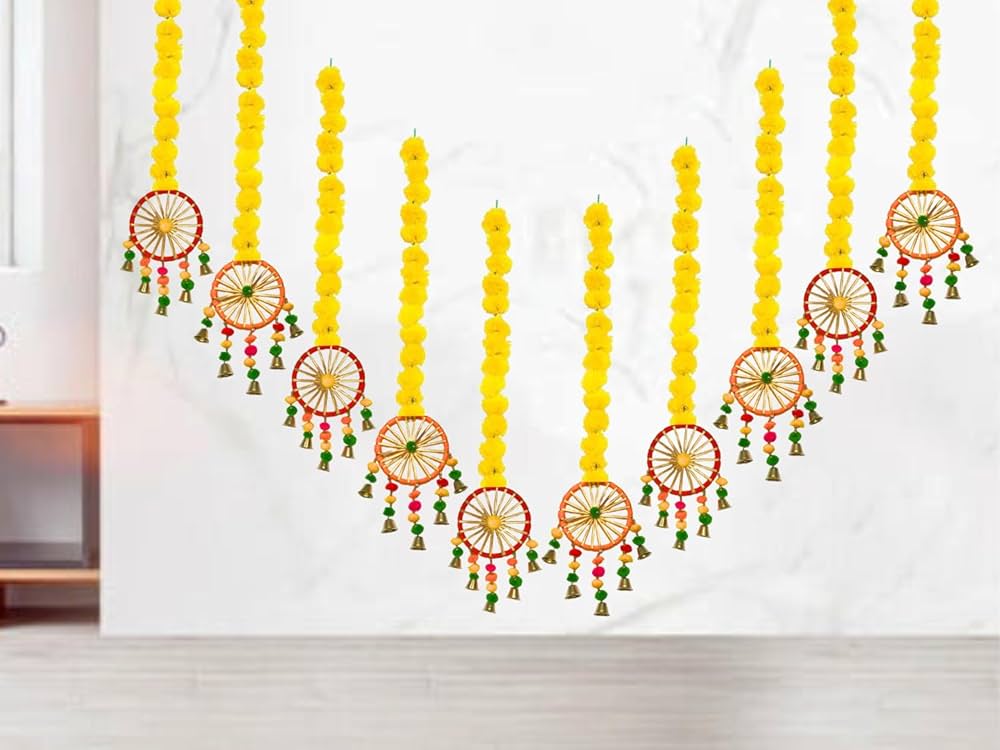 Artificial Marigold Flowers With Pom Pom Ring Bell Hanging Yellow