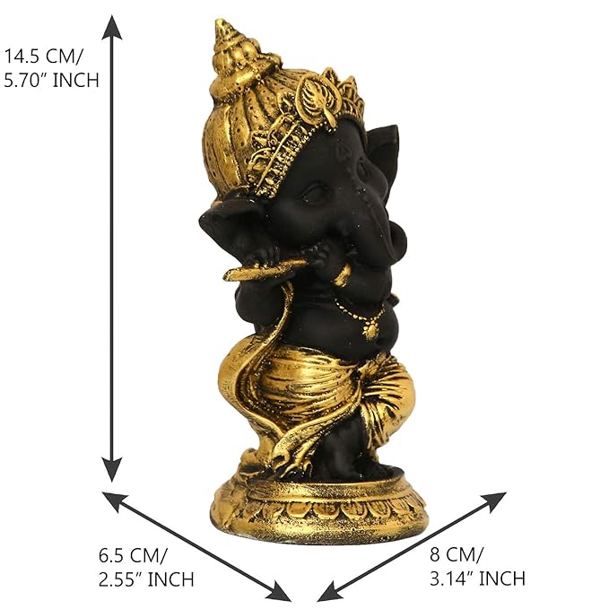 Ecraftindia Golden and Black Polyresin Lord Ganesha Idol Playing Flute Musical Instrument Decorative Showpiece