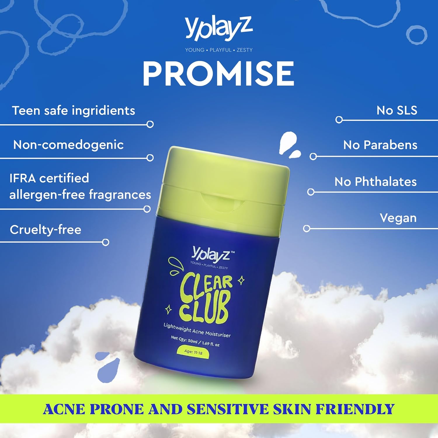 YplayZ Clear Club Acne Moisturizer, Featherlight & Calming Formula for Kids & Teens | Ages 11-18 - 50 Ml