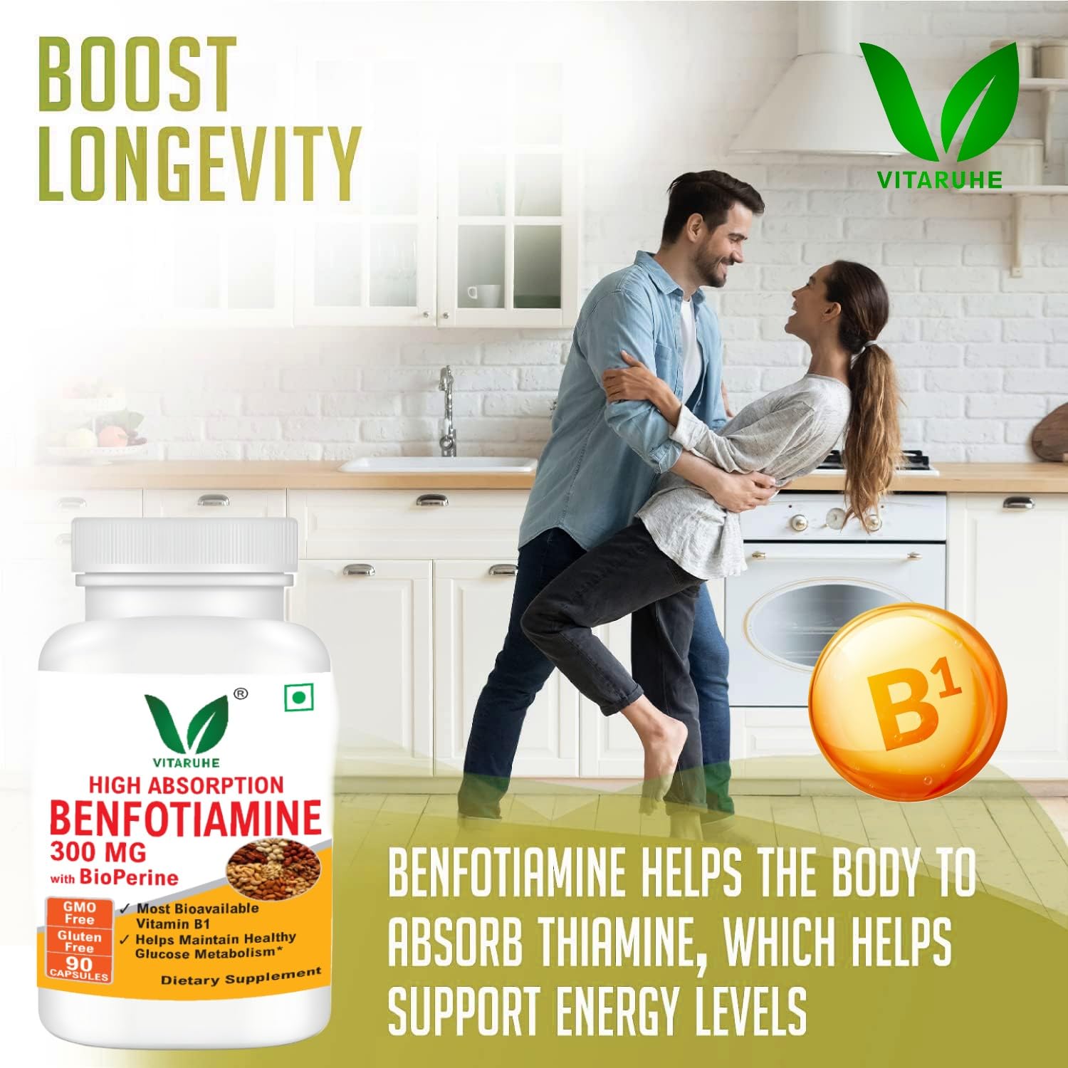 VITARUHE® Benfotiamine 300 Mg With Bioperine, Helps Maintain Blood Sugar Levels Supplement, 90 Capsules