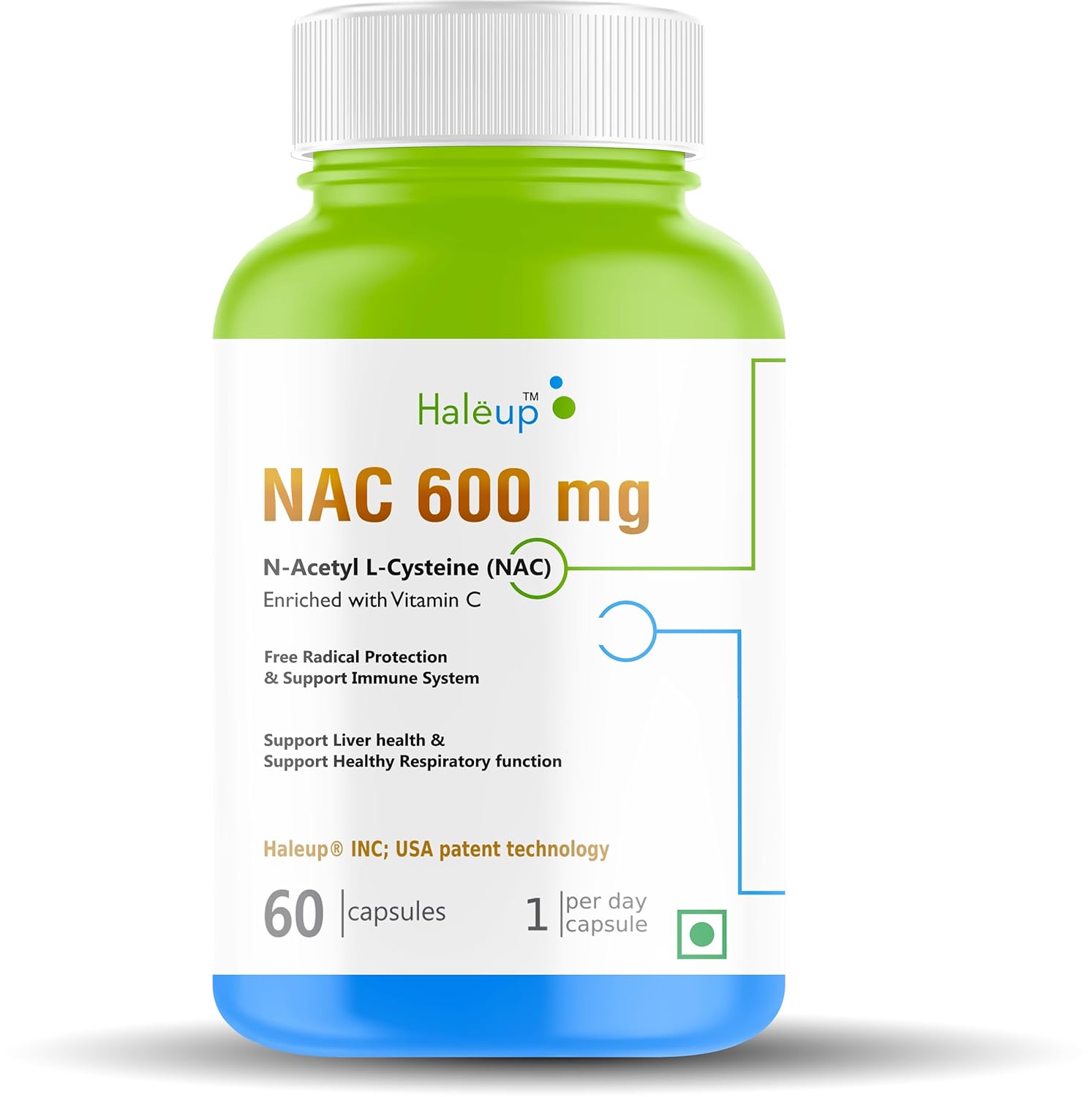 Haleup NAC 99% (N-Acetyl Cysteine) 600 mg, Haleup INC USA, 60 capsules, enriched with Vitamin C for Glutathione Production, Respiratory Health, Liver Detox, Antioxidant Support