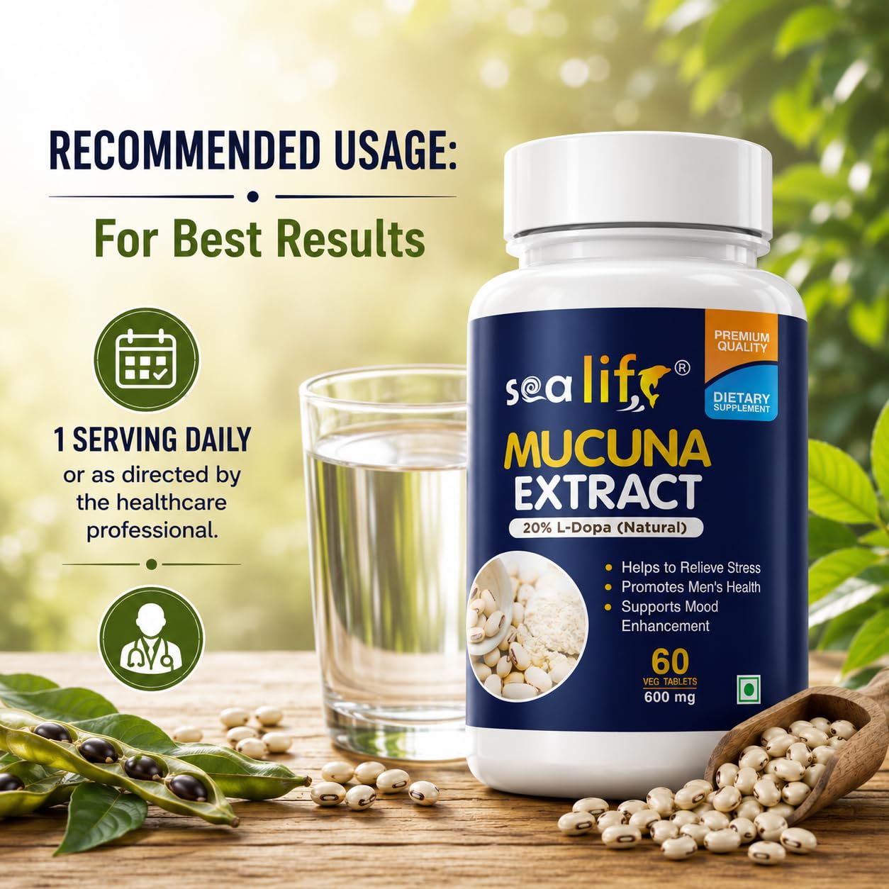 Sea Life Mucuna Pruriens Extract (60 Tablets) | Kaunch Beej | Velvet Bean | Kapikacchu | Natural L-Dopa 600mg | Stress Reliever | For Mood & Motivation Support.