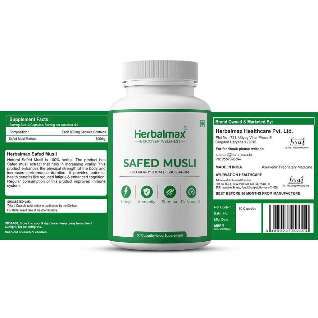 Herbalmax Safed Musli 800mg | With Shilajit, Ashwagandha & Gokshura | Natural Energy, Immunity Boost, Stamina & Stress Relief | Enhances Performance & Body Strength for Men & Women â€“ 60 Veg Capsules