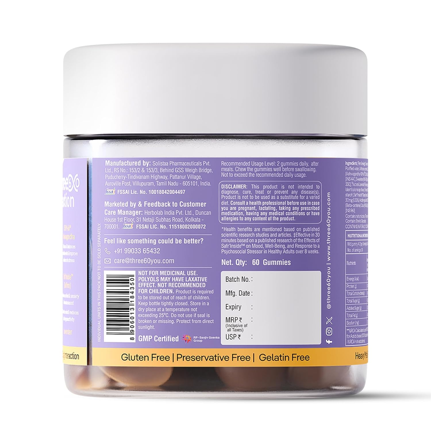 three60 STRESS RELIEF Gummies |Reduces Stress & Cortisol Levels |Helps in Anxiety Relief & Calms Mind |KSM-66Â® Ashwagandha, Safrâ€™InsideTM (Saffron), Lavender|Non-Habit Forming|30 Stress Relief Gummies