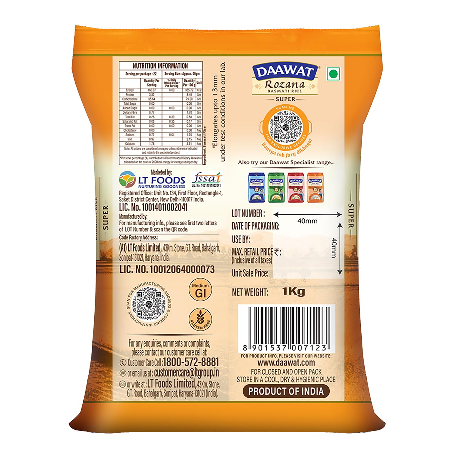 Daawat Rozana Super Basmati Rice 1Kg| For Everyday Consumption| Cooked Grain Upto 13mm*| Naturally Aged