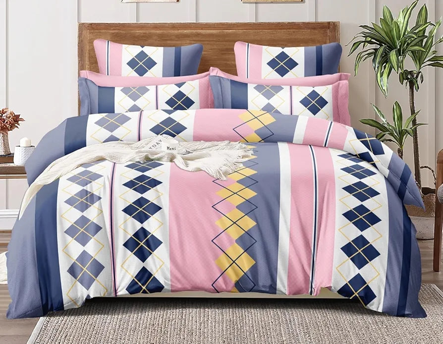The Home Style Cotton Feel Glace Cotton Printed Double Bed Bedsheet With 2 Pillow Cover 300 TC Pink Check