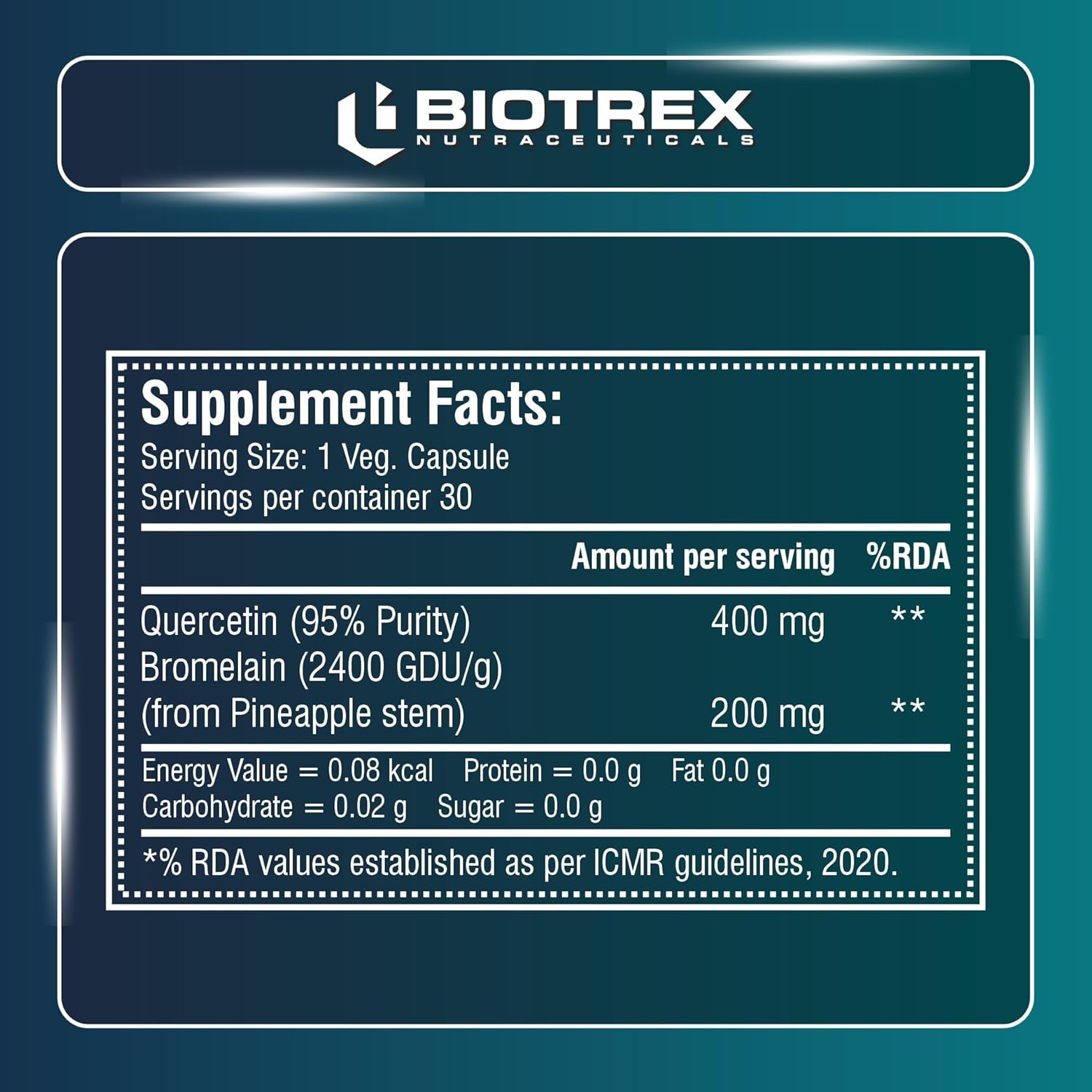 Biotrex Nutraceuticals Quercetin with Bromelain 600mg Better Respiratory Health | Antioxidant | Fights Allergies | Immunity & Cardiovascular Health - 30 Veg Capsules