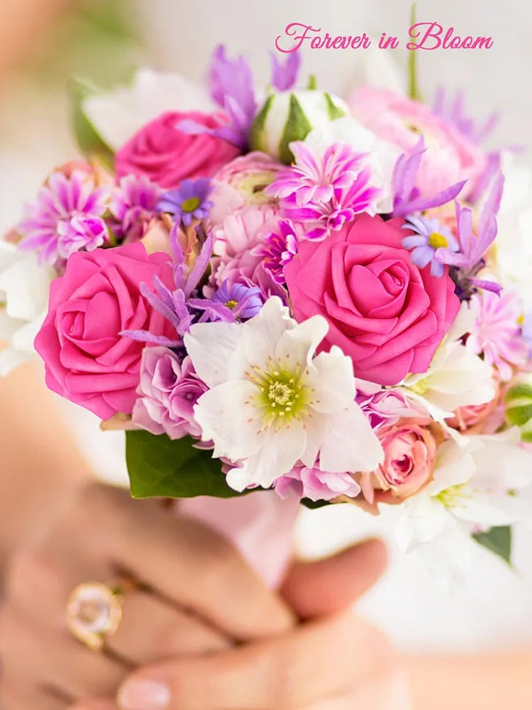 Artificial Flower Roses 30PCS Real Touch Spring Fake Flowers with Stem Fuchsia Foam Roses