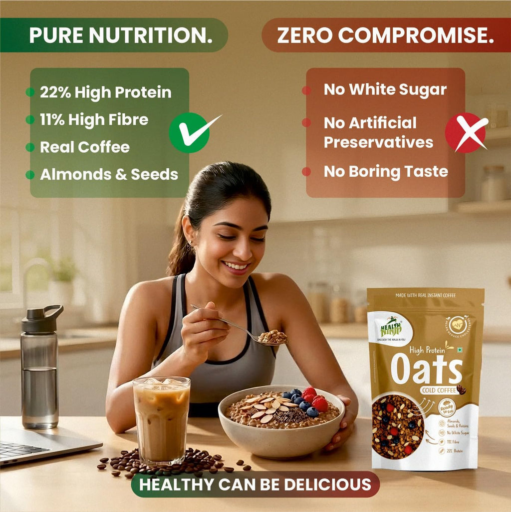 Health Ninja High Protein Cold Coffee Oats | Cold Coffee Oats | 22% Protein, 11% Fibre | No White Sugar | Healthy Breakfast Oats