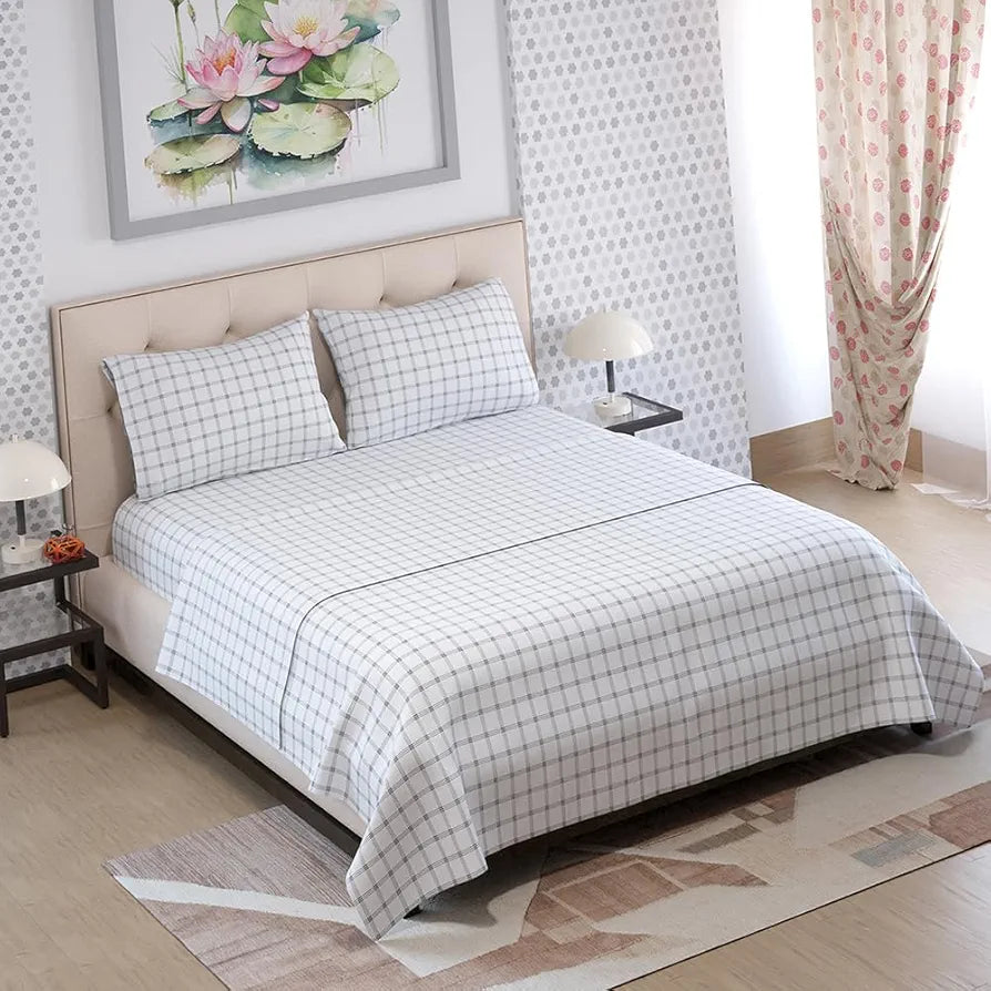 Layers Zen Cotton Blend King Bedsheet Set 1 King Cotton Bedsheet & 2 Pillow Covers Breathable & Anti-Wrinkle 225 CVC White Plaid