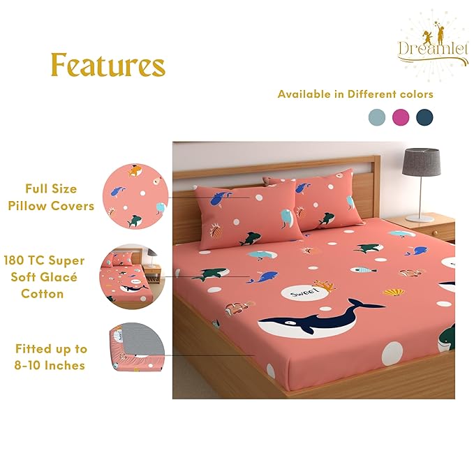 Dreamlet 180tc Cotton Feel All Around Elastic Fitted Bedsheets King Size for Double Bed With 2 Pillow Covers | Pink