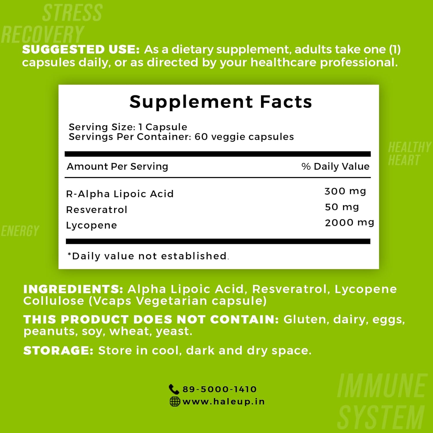 Haleup Alpha Lipoic Acid, 300 mg II Enriched with Lycopene & Resveratrol (60 capsules) || Healthy Liver || Heart || Blood Sugar & Potent Antioxidant