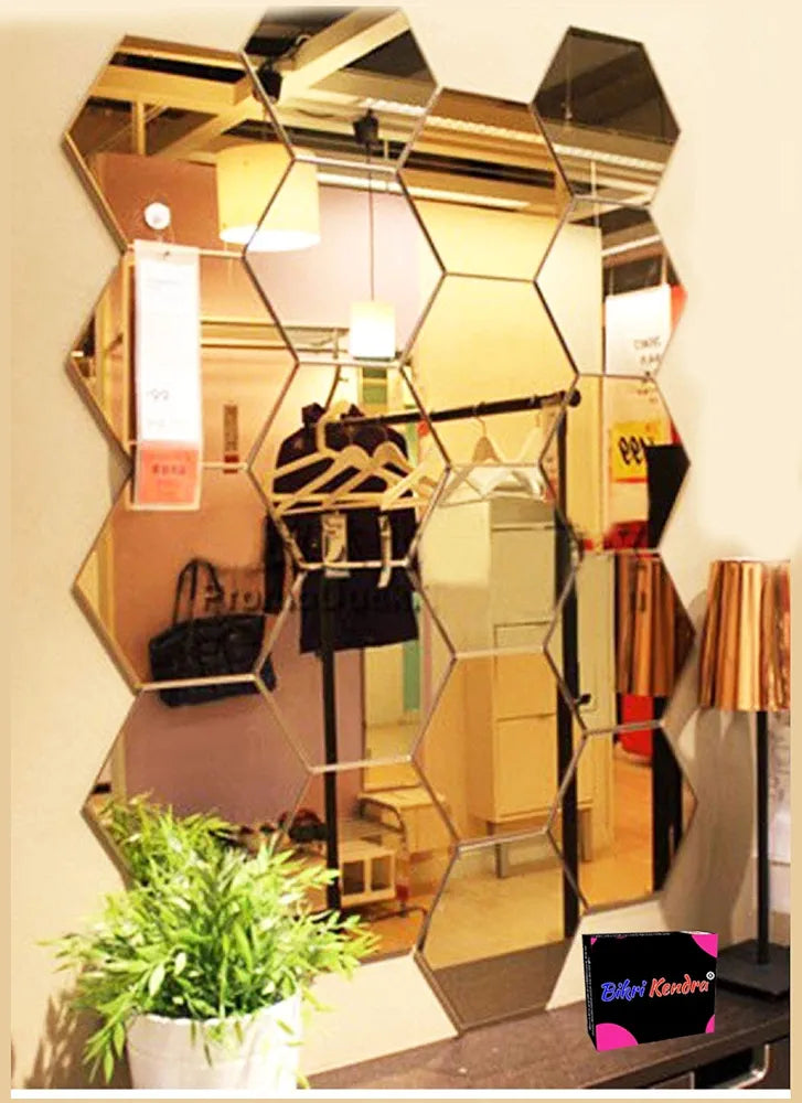 Bikri Kendra Hexagon 20 Golden Stickers for Wall Hexagon Mirror Acrylic Mirror Sticker Hexagonal Wall Sticker