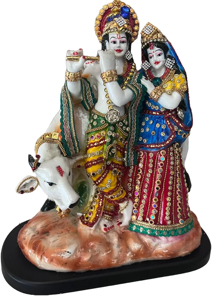 Alila Marble Finish Murti Idol Statue Sculpture Spiritual Hindu God 630DJ Radha Krishana with Cow