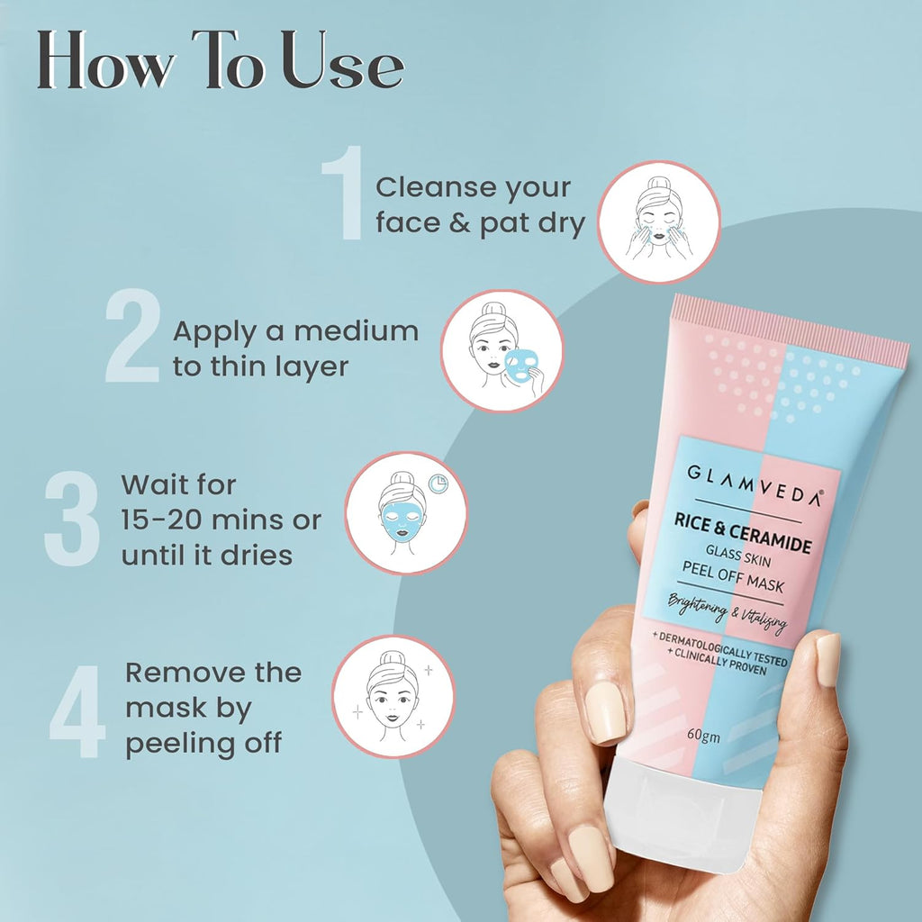 Glamveda Rice & Ceramide Korean Glass Skin Peel off Mask | Reduces Signs of Ageing | For Dry & Dull Skin Brightening & Even Tones Complexion | Peel off Face Mask for Men & Women | 60gm