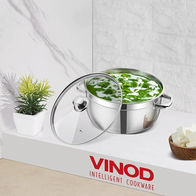 Vinod Bremen Stainless Steel Sauce Pot with Glass Lid - 1.5 Litre, 16 cm | 2.5mm Thick Base | Riveted Sturdy Handle