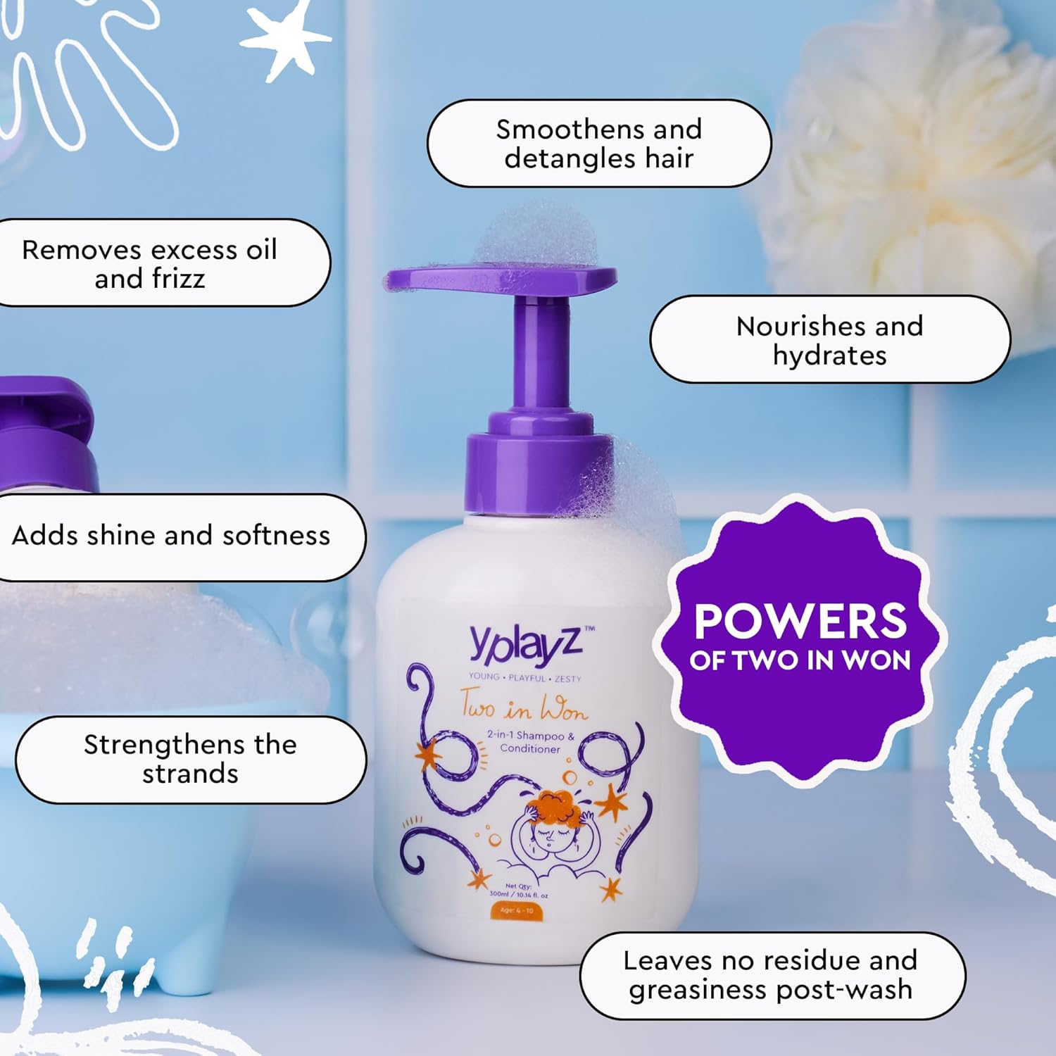 YplayZ 2 in 1 Shampoo & Conditioner for Kids - Ages 4-10 - 300 Ml