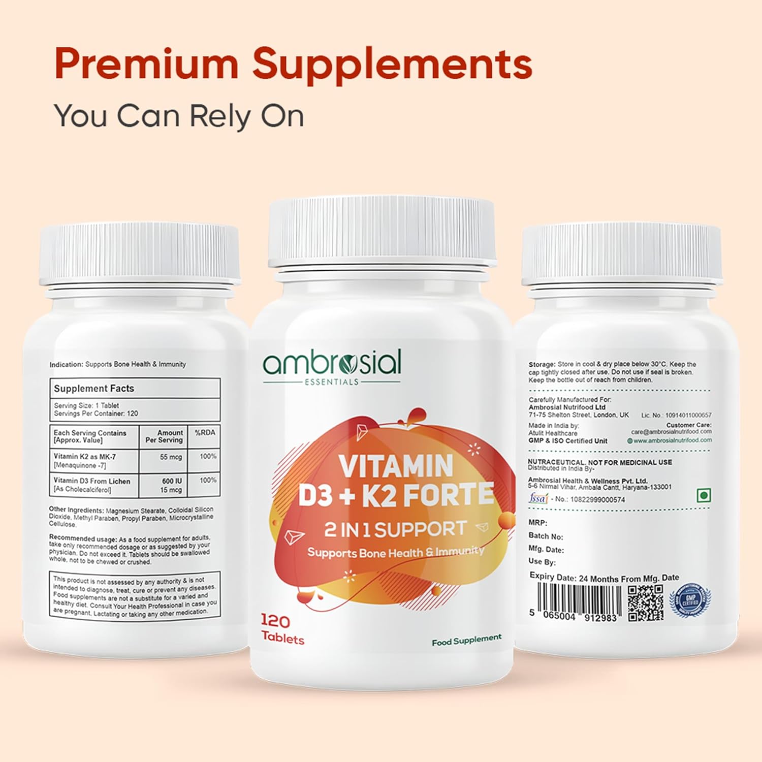 Ambrosial Vitamin D3 K2 Forte 120 Tablets | Vitamin D 3 k 2 Supplement for Bone, Heart & Immune Health Vitamin D3 (600 IU) with MK-7 Vitamin K2 | Plant-Based High Absorption Daily supplements