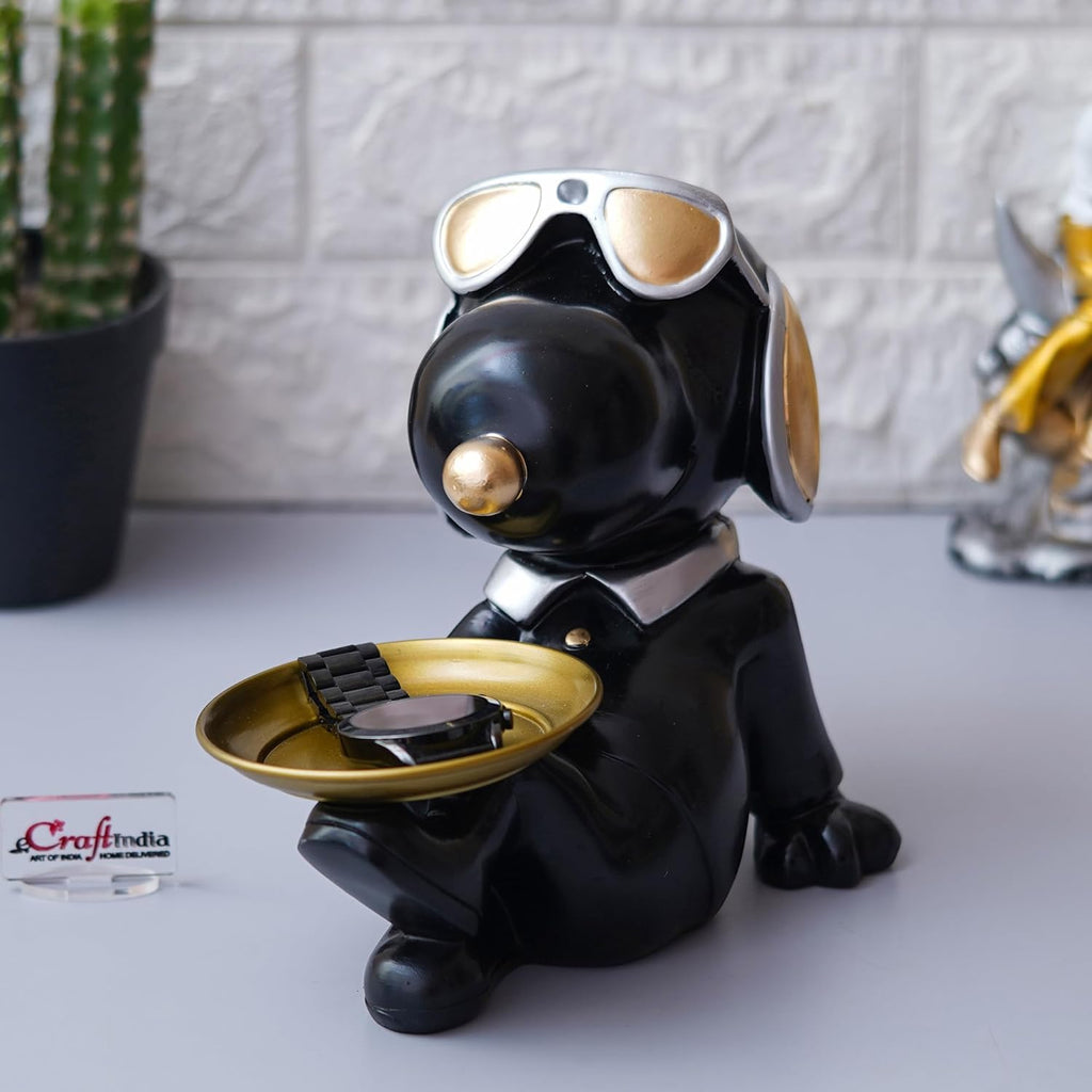 Ecraftindia Cute Balck Bull Dog Statue Sitting With Glasses and Headset Playing Whistle Decorative Animal Figurine