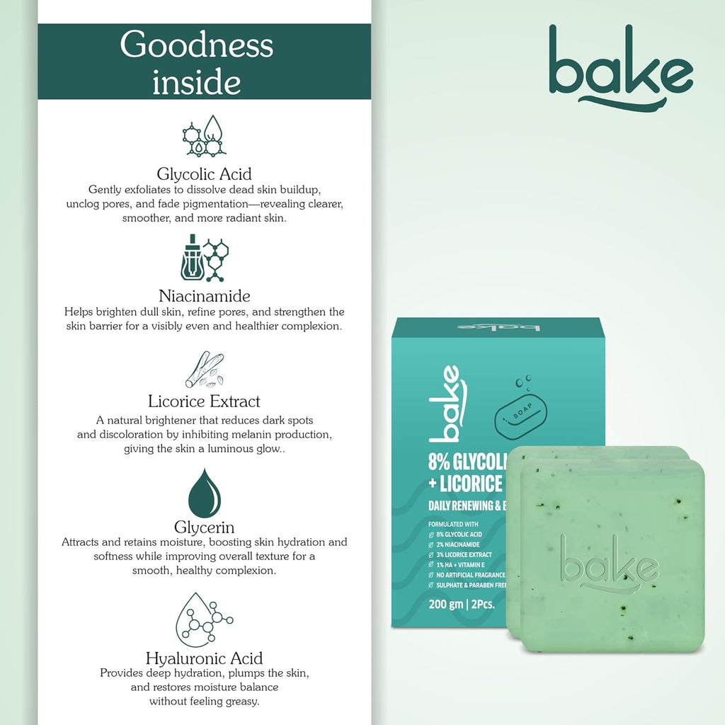 BAKE 8% Glycolic Acid Scrub Treatment Soap (200 Gms Pack of 2) with 3% Niacinamide | For Pigmentation, Exfoliation, Tan Removal, Brightens Underarms | For Women & Men | 100g x 2 (Pack of 2)