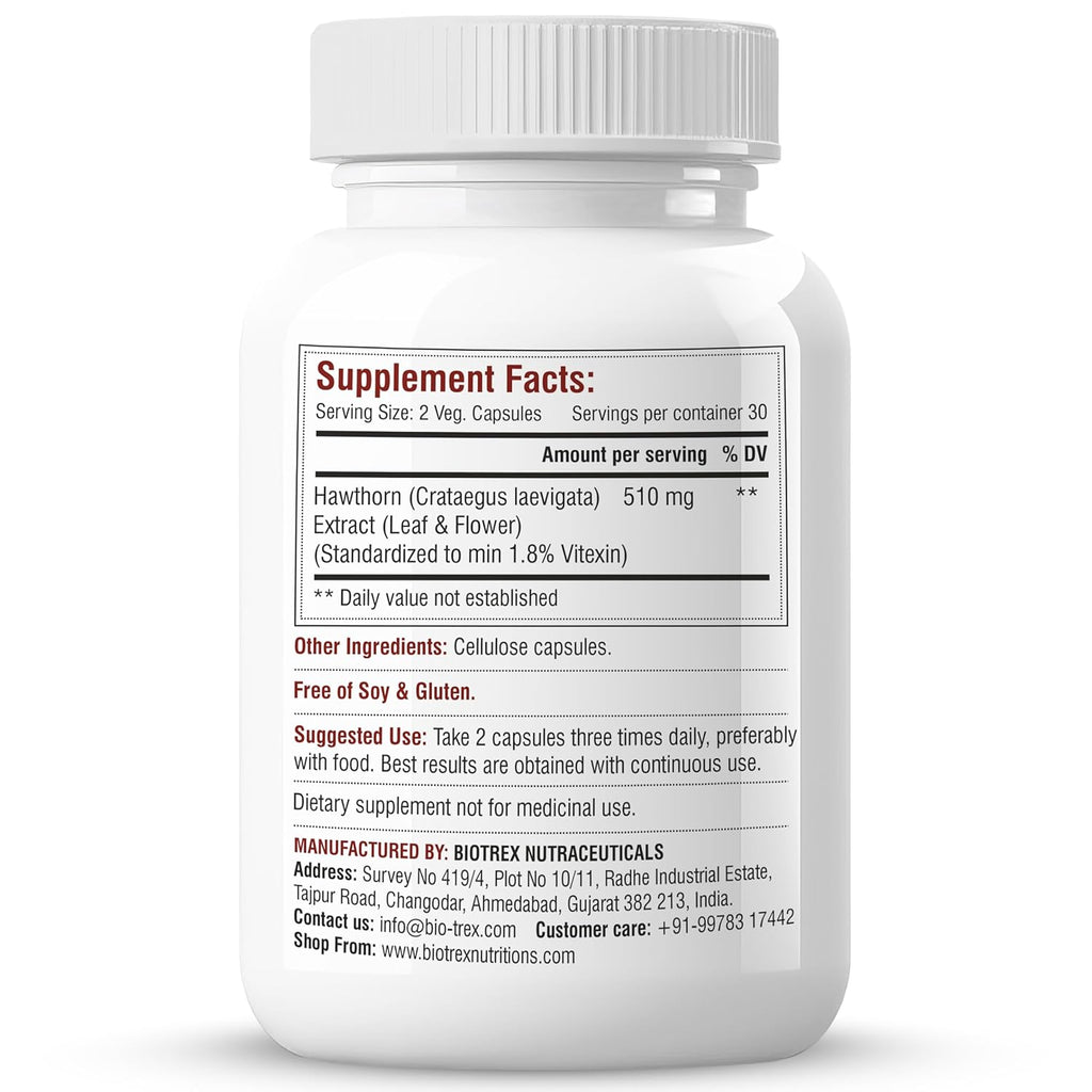 Biotrex Nutraceuticals Hawthorn Berry Supplement 510mg | Supports Cardiovascular Health | Powerful Antioxidant | Skin, Heart And Digestive Health | 60 Veg Capsules