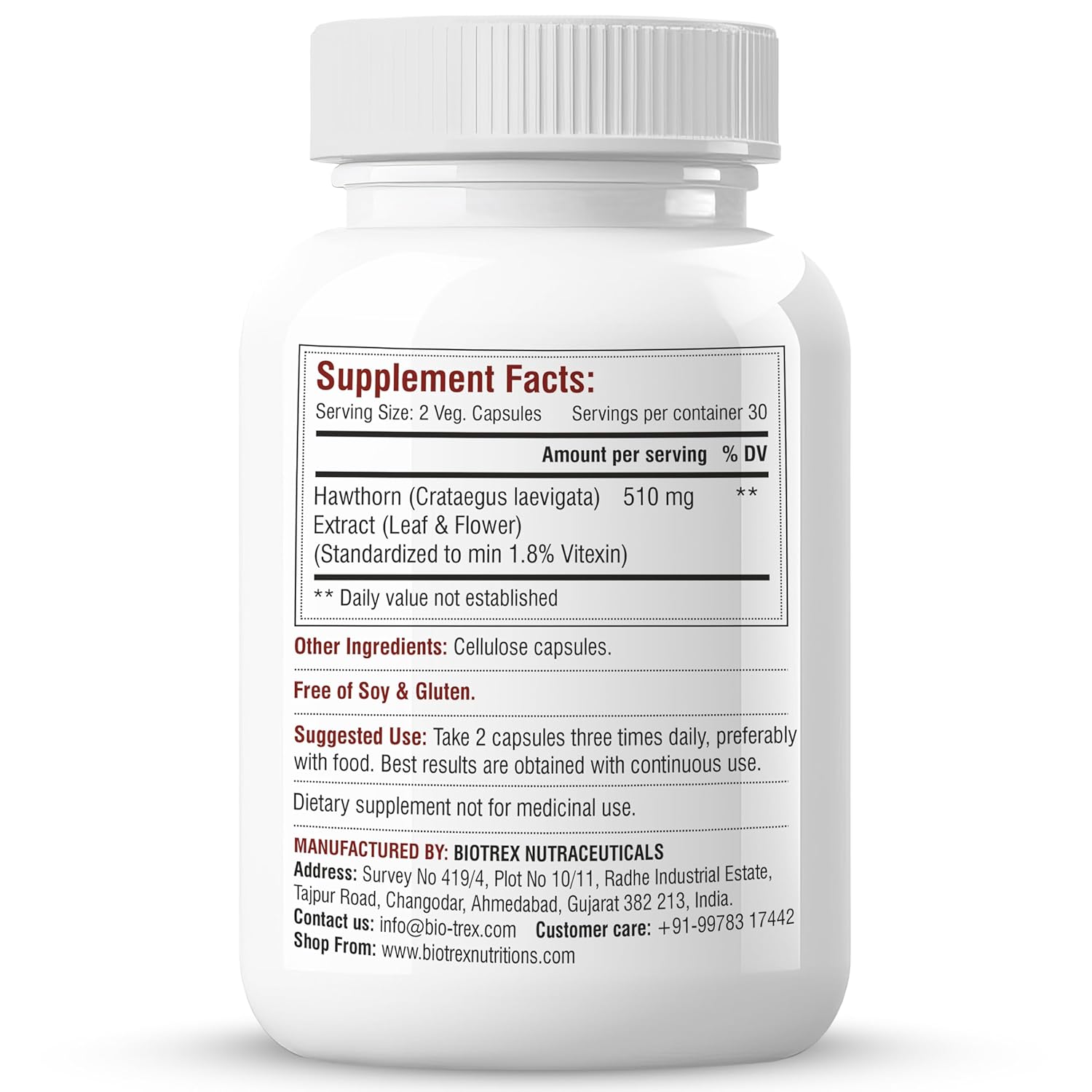 Biotrex Nutraceuticals Hawthorn Berry Supplement 510mg | Supports Cardiovascular Health | Powerful Antioxidant | Skin, Heart And Digestive Health | 60 Veg Capsules