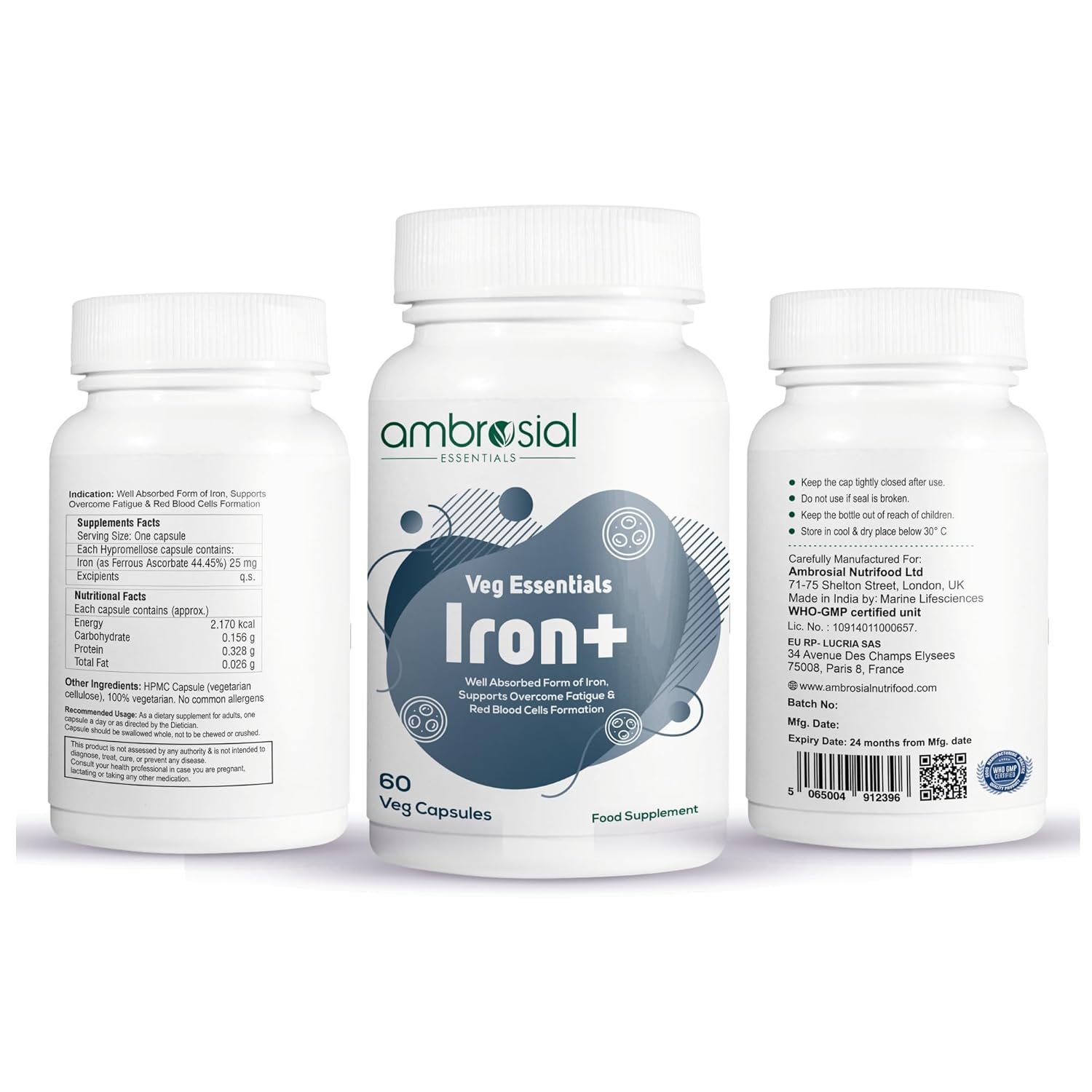 Ambrosial Iron Tablets High Strength 25mg| Iron Supplement for Women & Men| Blood Support & Helps Reduce Tiredness & Fatigue | Enhanced Absorption & Non - Constipating (Pack of 1-60 Capsules)
