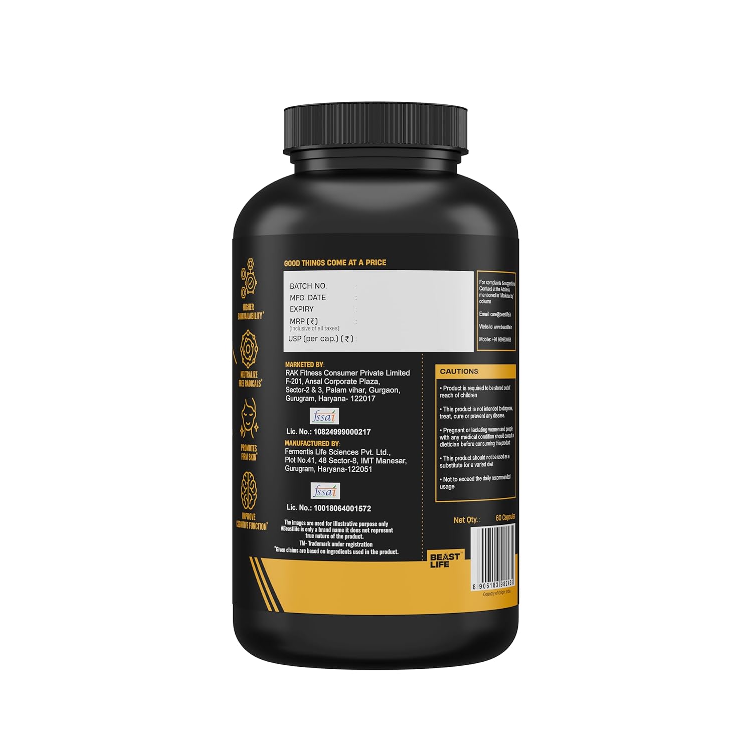 BeastLife Liposomal Vitamin C | Higher bioavailability | Neutralizes free radicals | Promotes firm skin Health | Improve cognitive function Immunity Support– Fast Absorption & Bioavailability | 60 Capsules