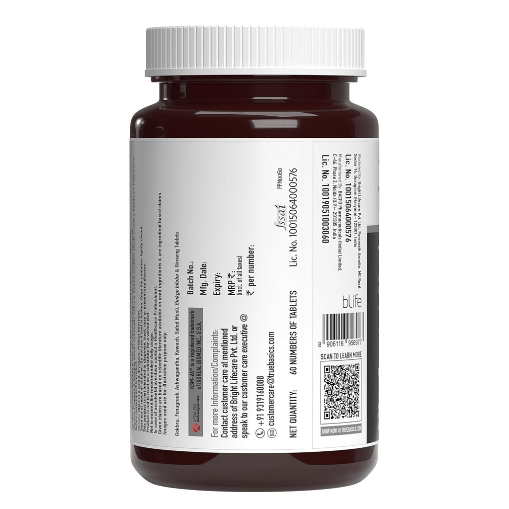TrueBasics T-Boost, Testosterone Supplement for Men (60 Tablets) | With KSM 66 Ashwagandha, Safed Musli, Gokshura, & Ginseng | For Energy, Stamina & Muscle Strength