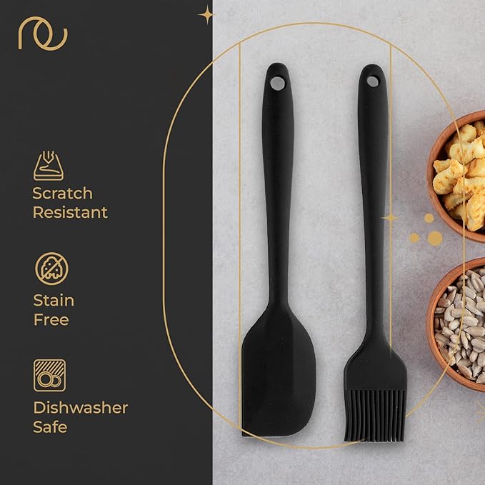 Frenchware Set of 2, Black Oil Brush for Cooking & Non-stick Silicone Spatula Baking & Mixing | Seamless Design
